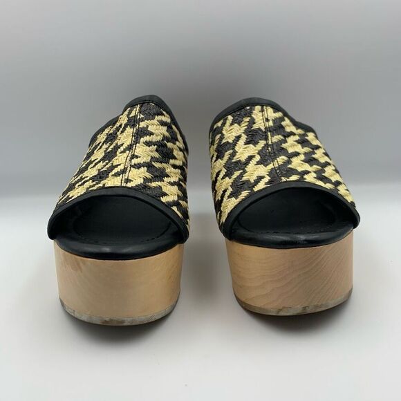 Logan Open Toe Leather‎ Raffia Houndstooth Wooden Clog Black Cream Size 36 - Picture 5 of 13
